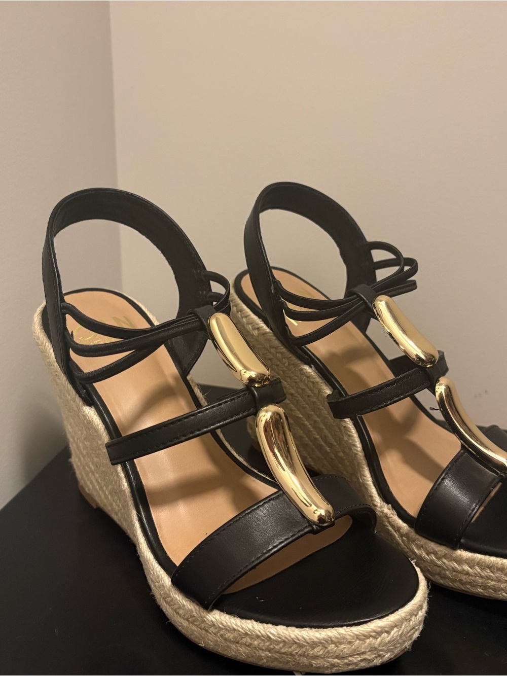 NYC Madden Black Wedge Sandals with Gold Accents - Women